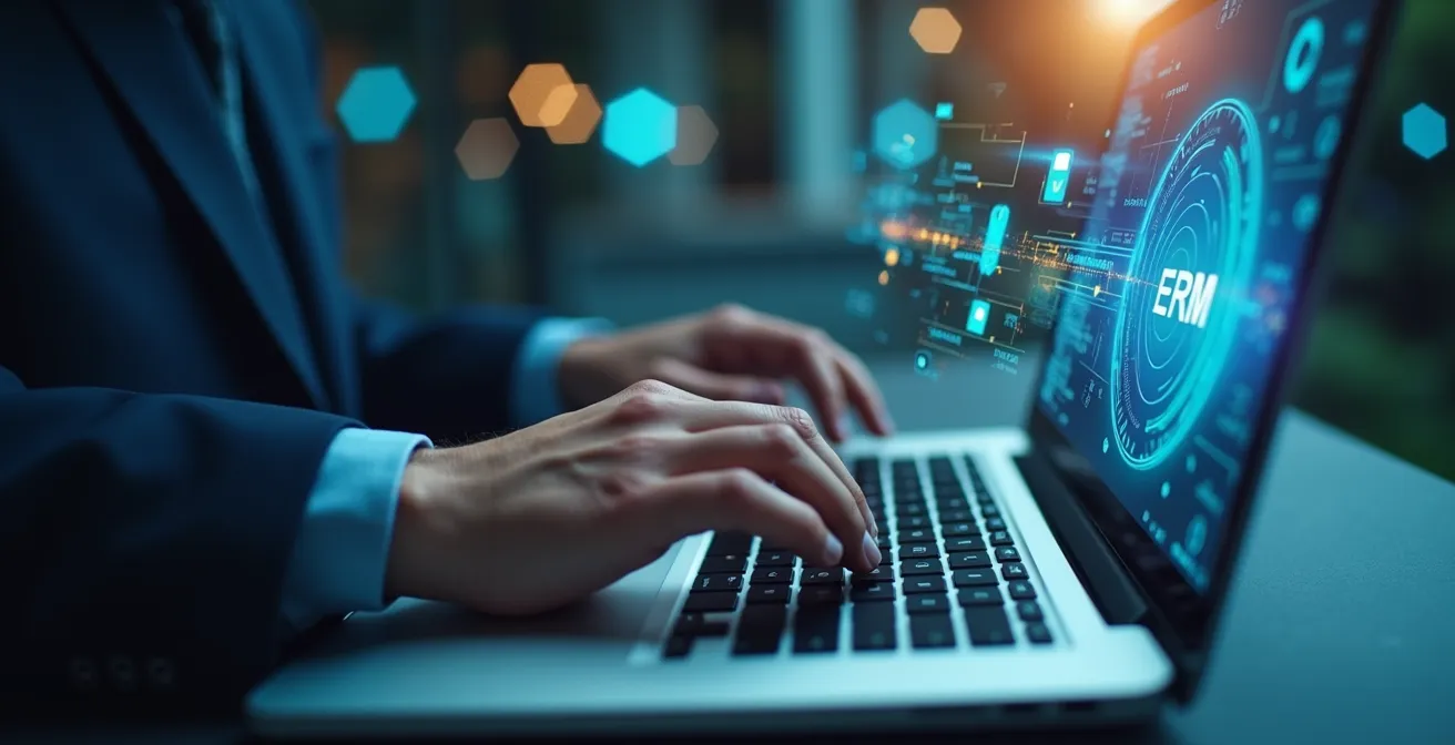 Visualisation conceptuelle de l'intégration d'une API entre CRM et ERP pour automatiser les processus